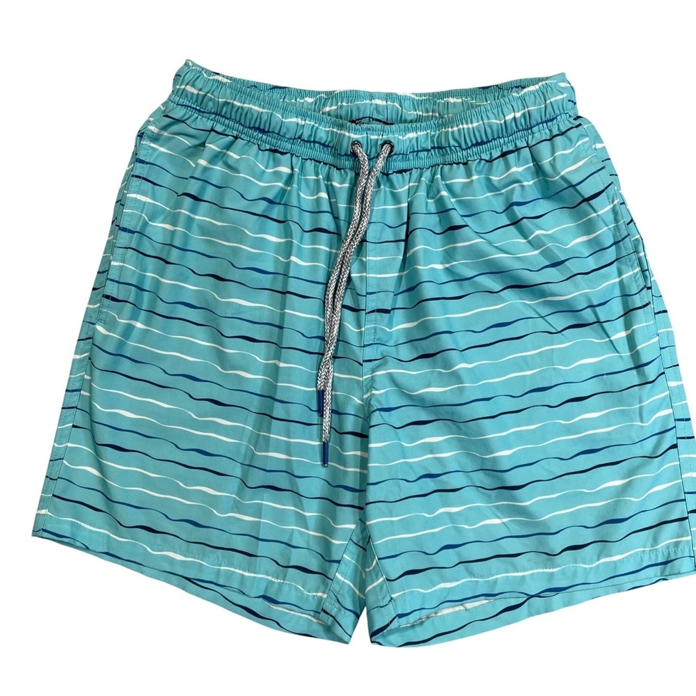Rainforest Mens Swim Trunks Small Turquoise Blue Wavy Stripe Drawstring Lined